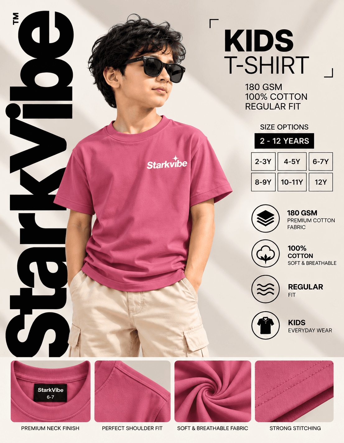 Kids Regular 180 GSM Tee, Pink