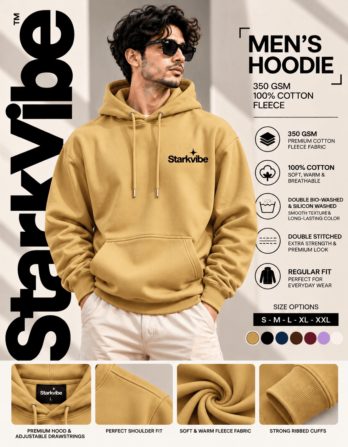 350 GSM Fleece Hoodie, Beige