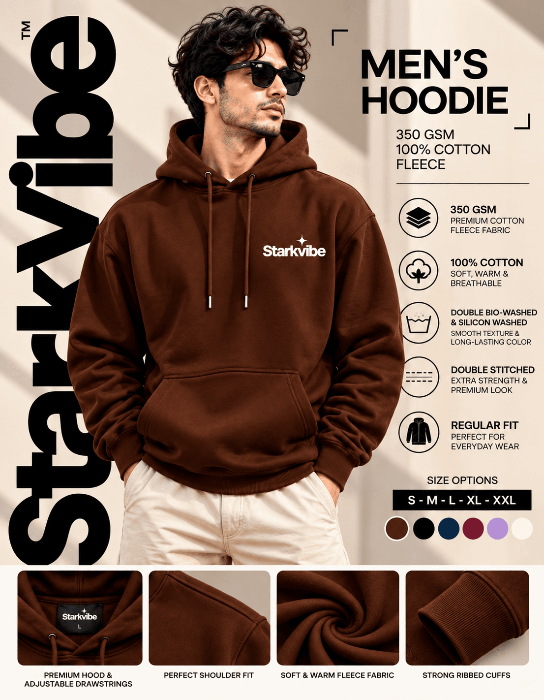 350 GSM Fleece Hoodie, Coffee Brown