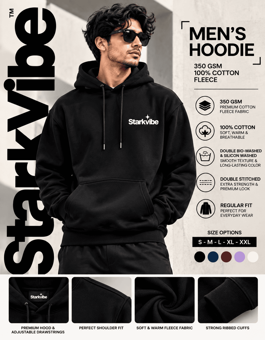 350 GSM Fleece Hoodie in Black
