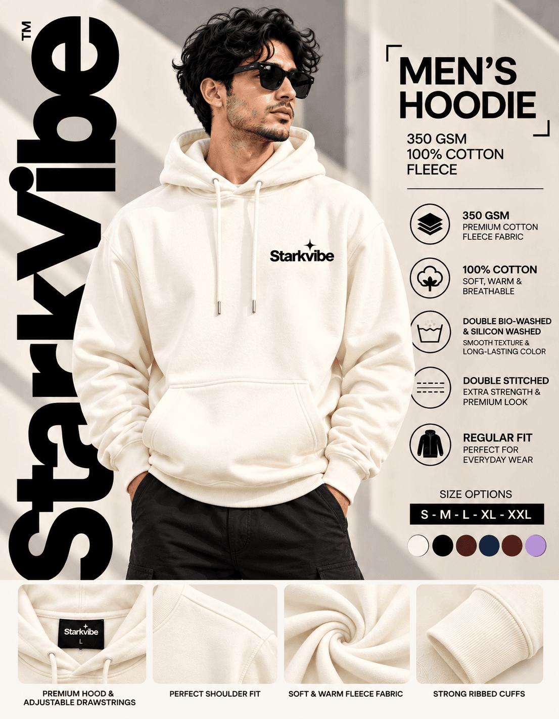 350 GSM Fleece Hoodie, Off-white