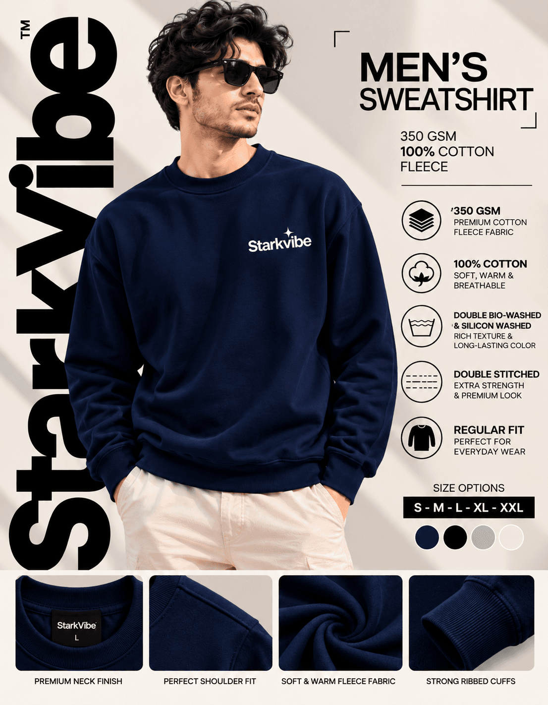 350 GSM Fleece Sweatshirt, Navy Blue