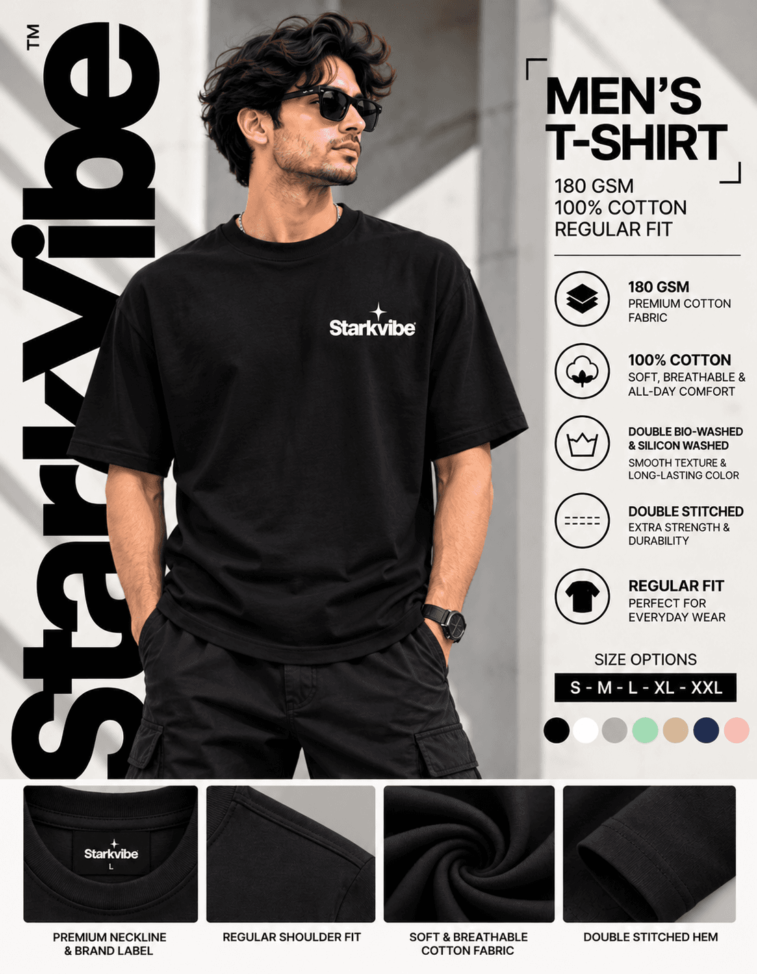 Black regular fit 180 GSM cotton tee